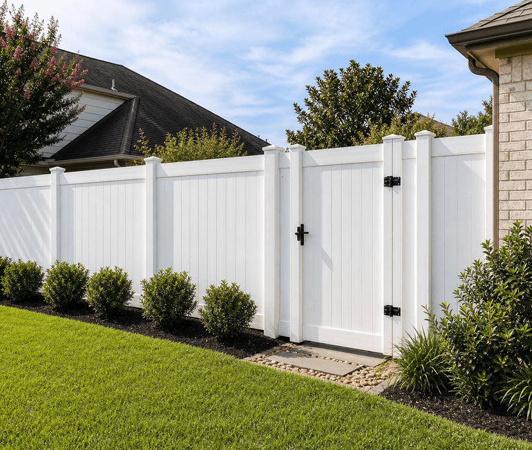White vinyl privacy fence with matching gate in a landscaped Houston yard