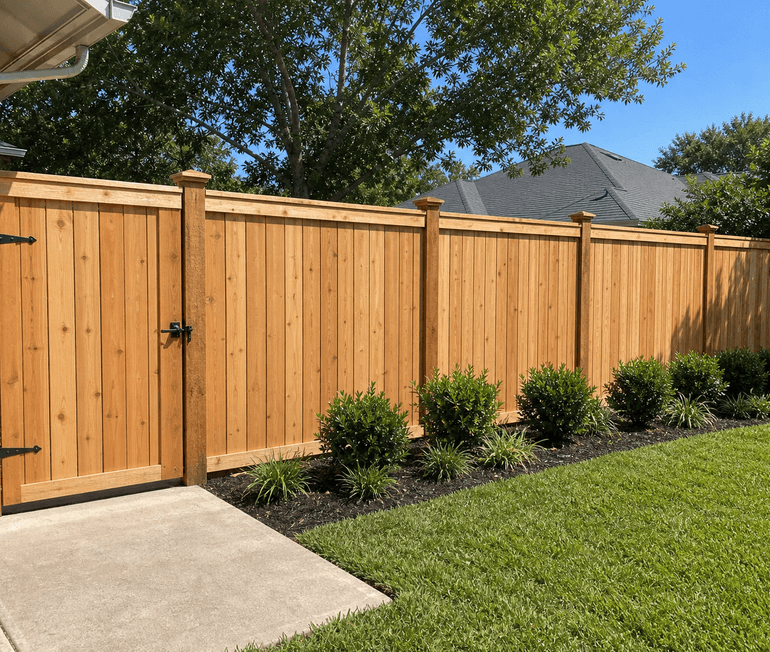 New wood privacy fence with straight boards and clean lawn edging in Houston