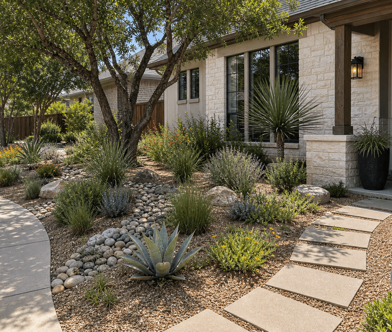 Native plant xeriscape bed with gravel and drought-tolerant landscaping in Houston