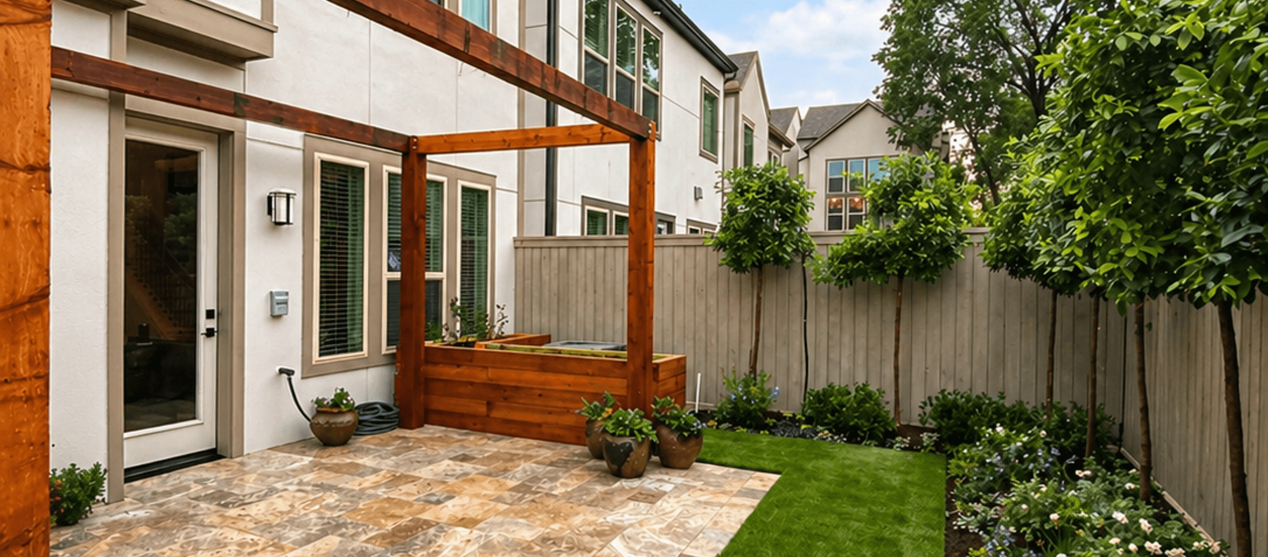 Refined backyard patio with a deck, dining set, string lights and layered garden beds designed by Strong Landscaping