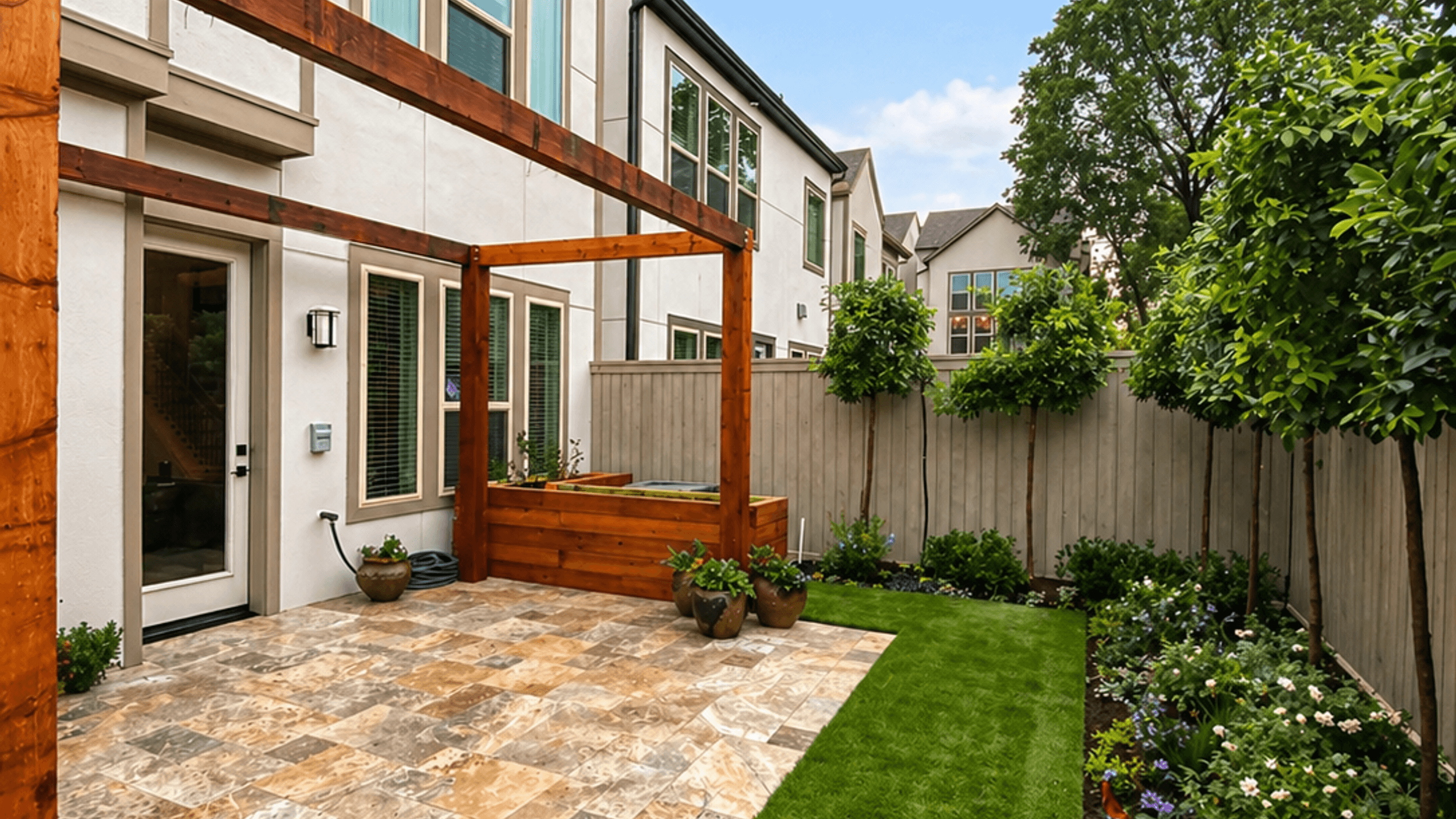 Small backyard with a stone patio, artificial turf and garden beds