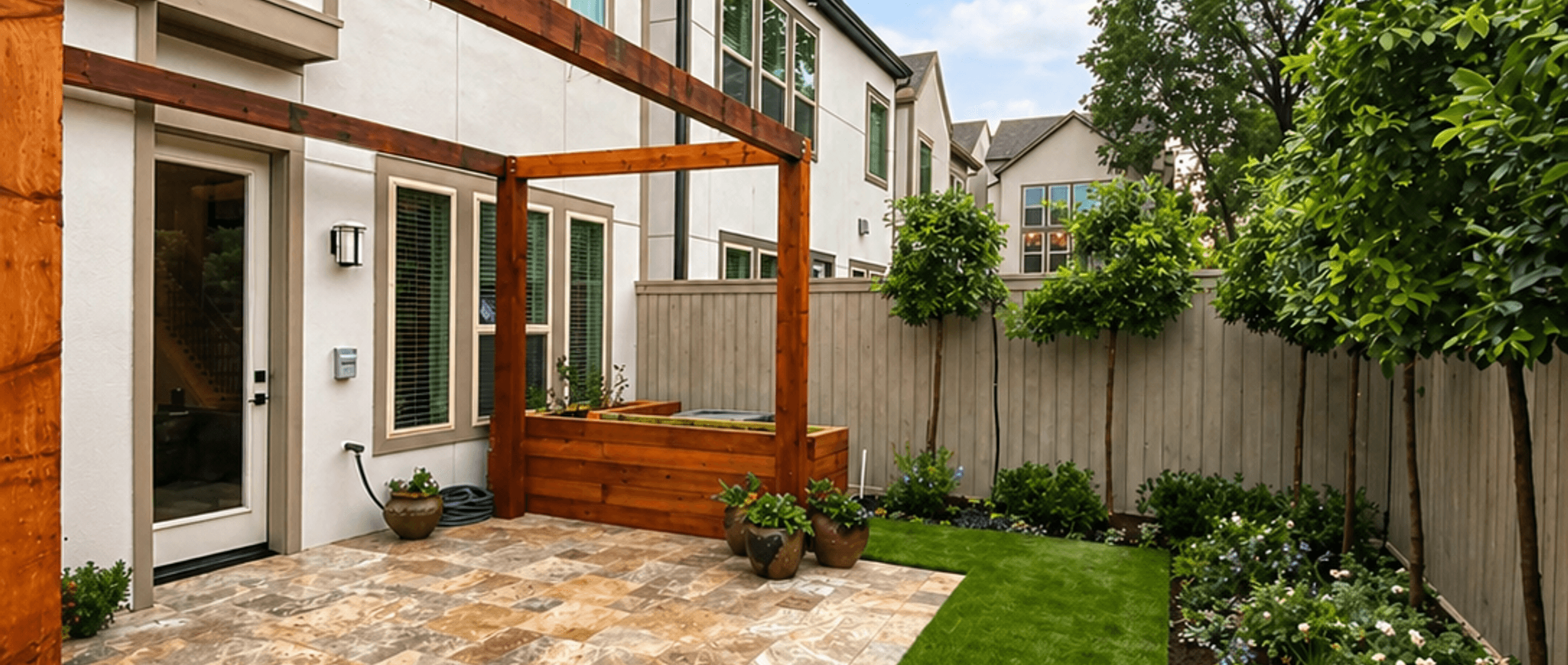 Small backyard stone patio with artificial turf and garden beds built by Strong Landscaping