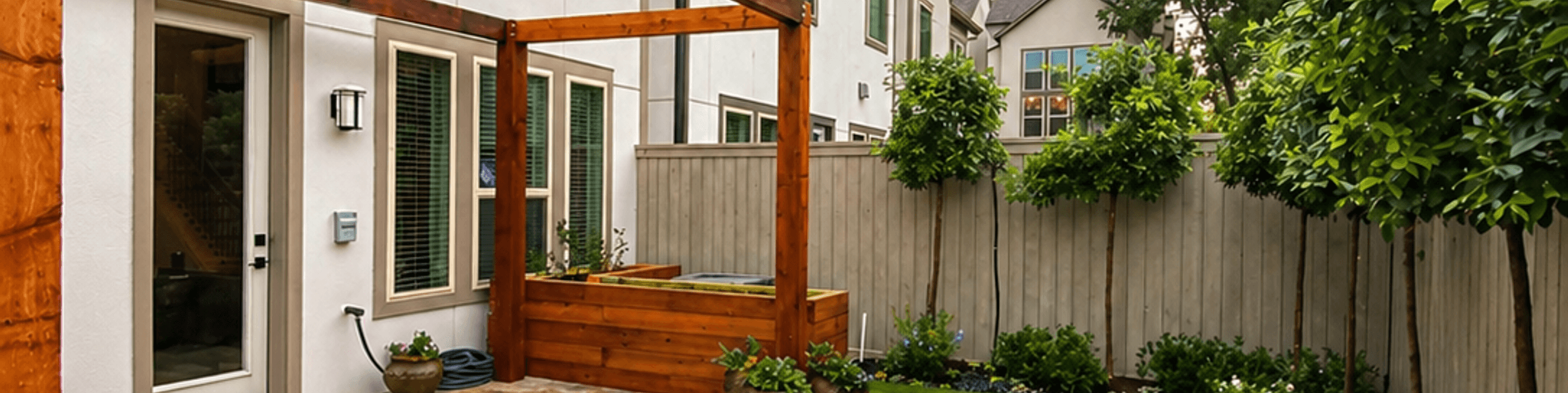 Landscaped Houston backyard with a paver patio, lawn and garden beds