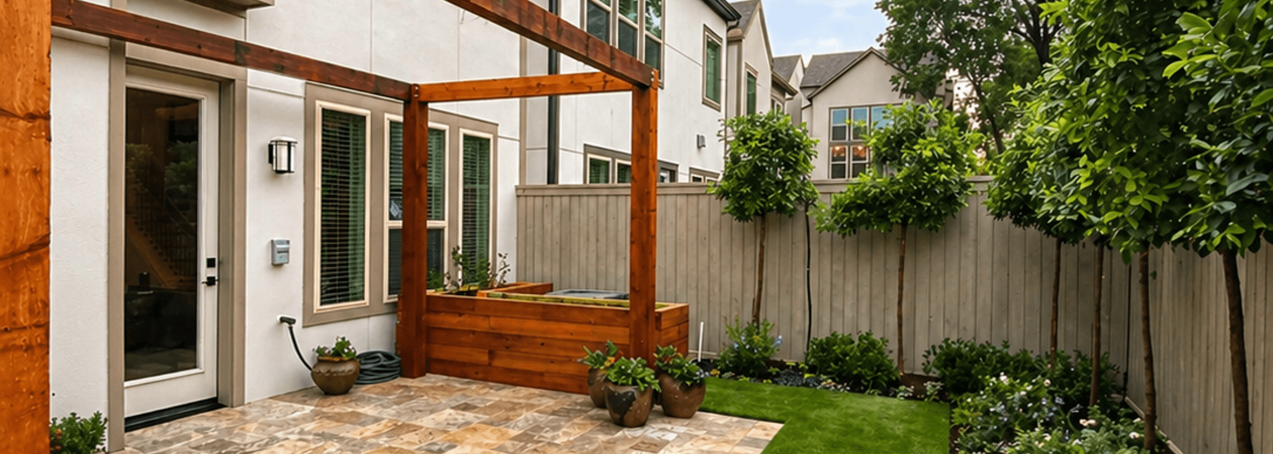 Comfortable backyard patio and garden in Houston, TX kept mosquito-free with barrier treatment by Strong Landscaping