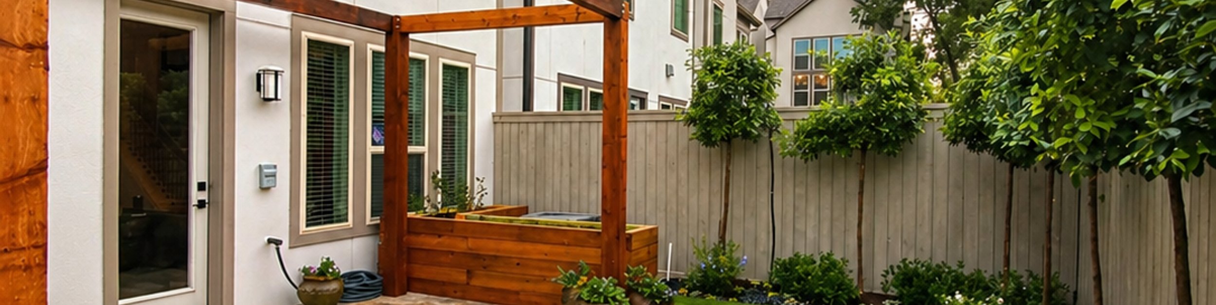 Landscaped Houston backyard with a paver patio, lawn and garden beds