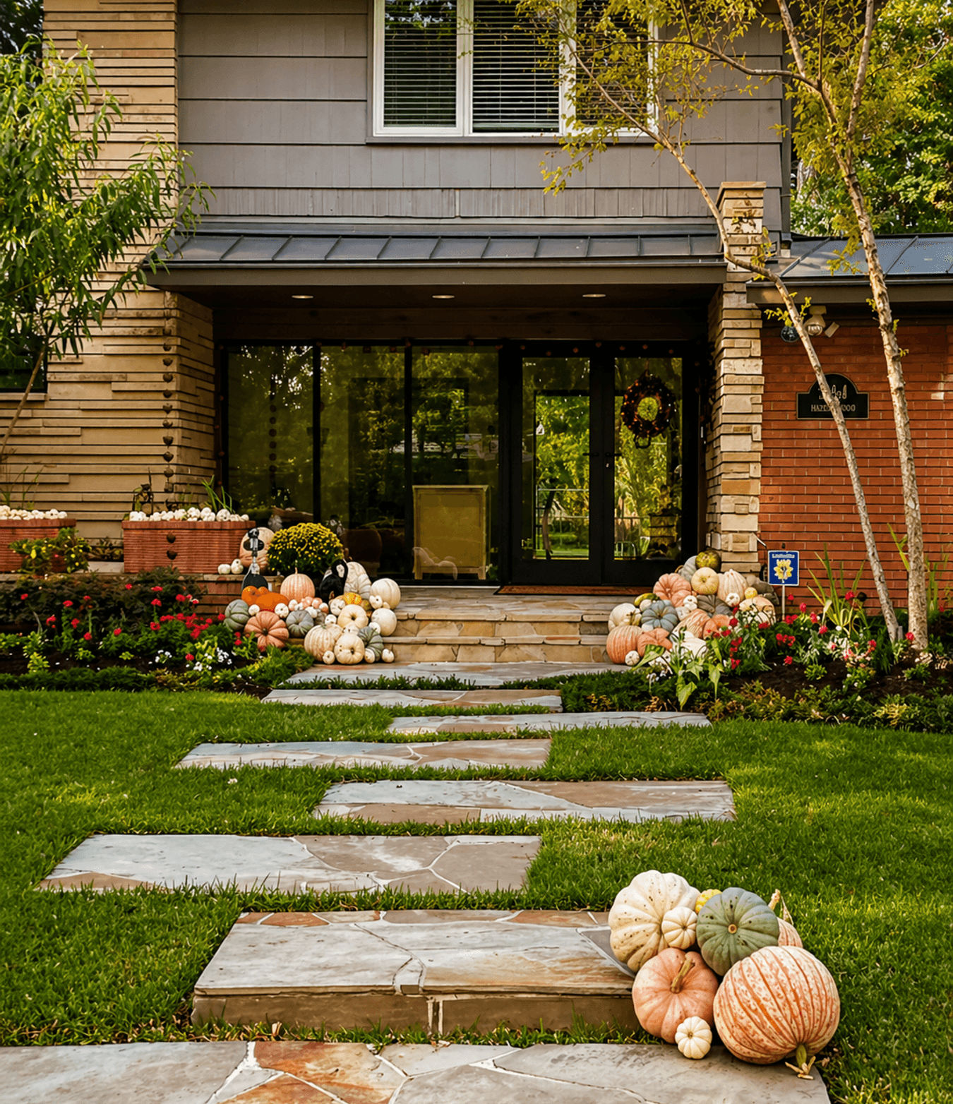 Stone pathway to a front entry framed by flower beds, built by Strong Landscaping on a wooded Energy Corridor lot in Houston, TX