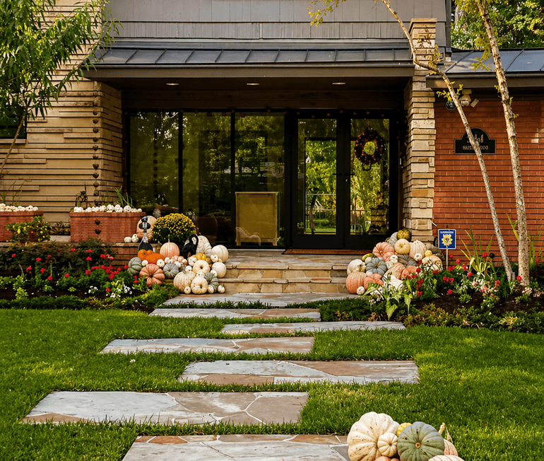 Stone pathway and decorative rock landscaping bordering front-entry flower beds at a Houston, TX home by Strong Landscaping