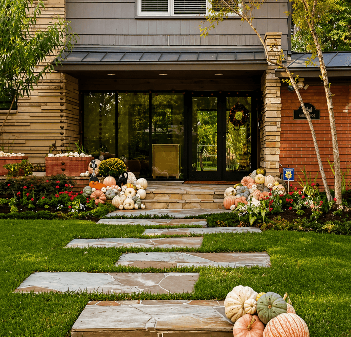 Stone pathway to a front entry framed by flower beds, by Strong Landscaping in Greenway Plaza, Houston, TX
