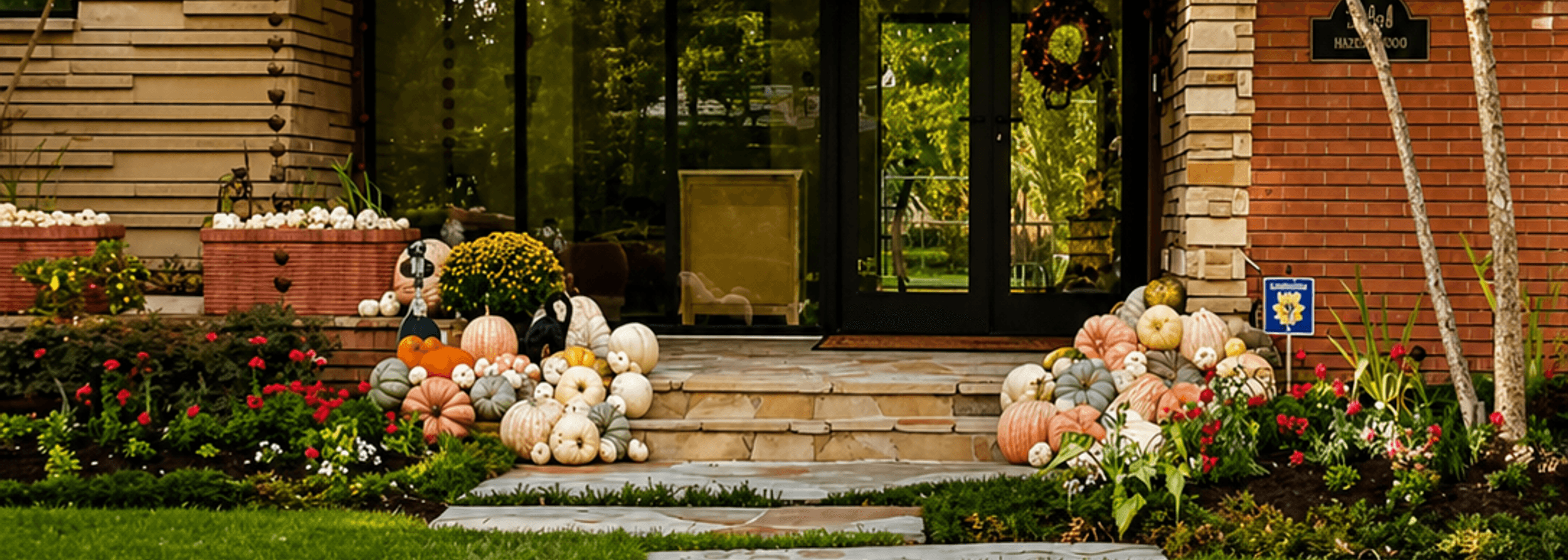 Rock and gravel landscaping with a stone pathway bordering front-entry flower beds in Houston, TX by Strong Landscaping