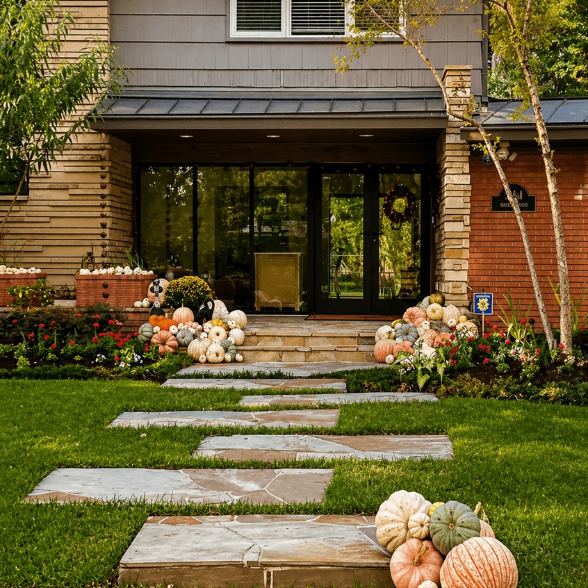 Stone pathway leading to a front entry lined with fresh flower beds by Strong Landscaping