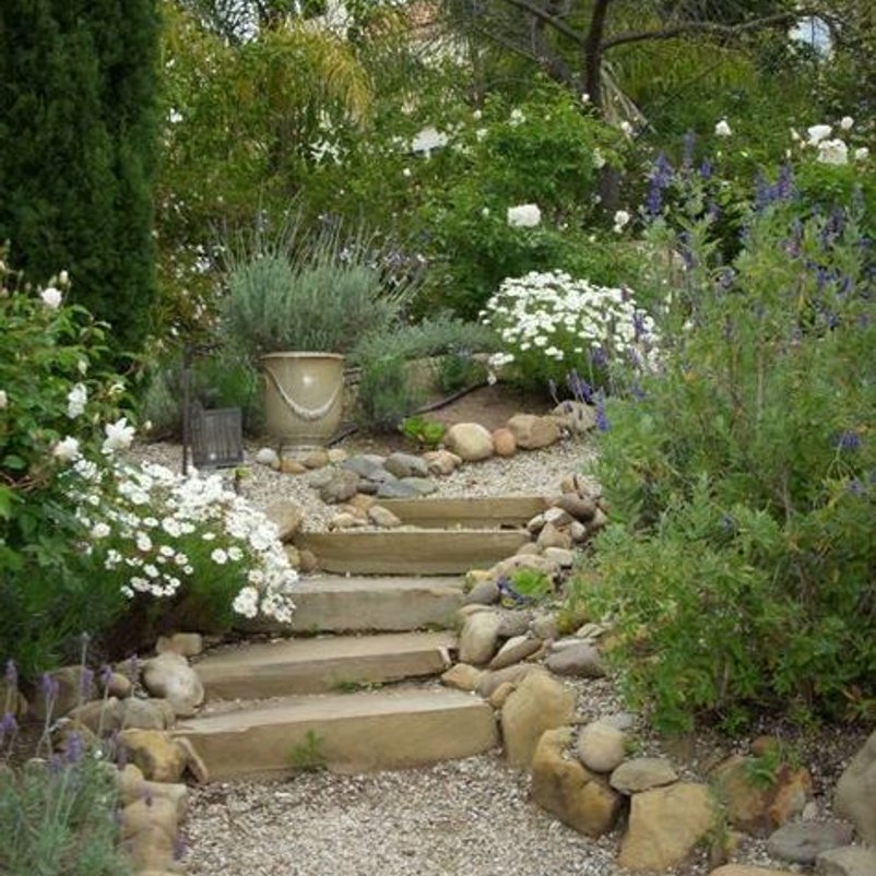 Curved stone walkway winding through garden beds