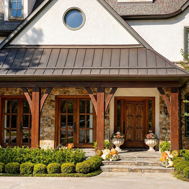 Timber-columned covered front porch framed by boxwoods and flower beds