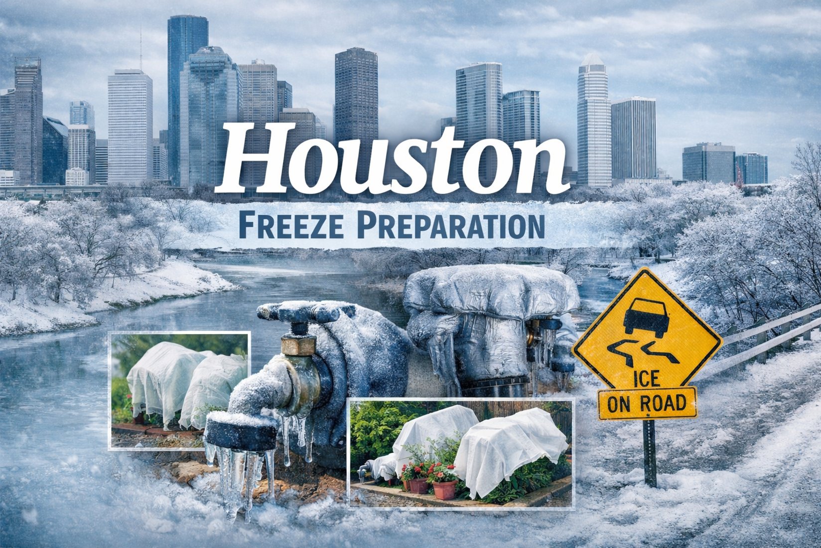 Houston skyline during a winter freeze with frozen irrigation pipes, protected plants, and an ice-on-road warning sign illustrating freeze preparation in Houston.