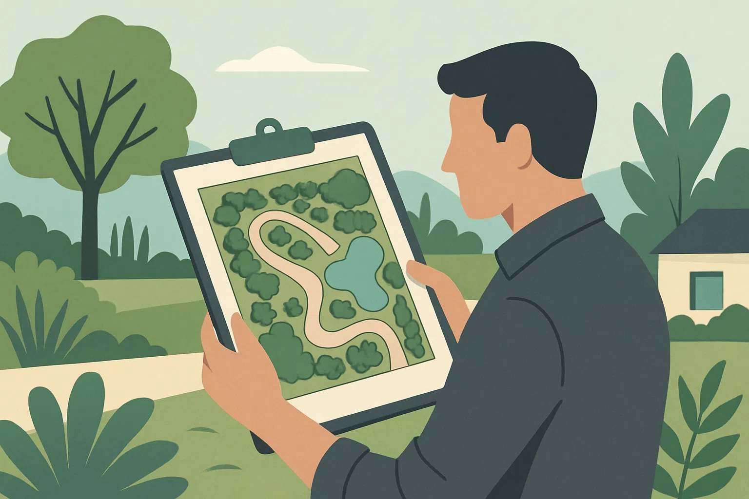 Landscape design professional reviewing a custom site plan illustration with trees, pathways, and water feature