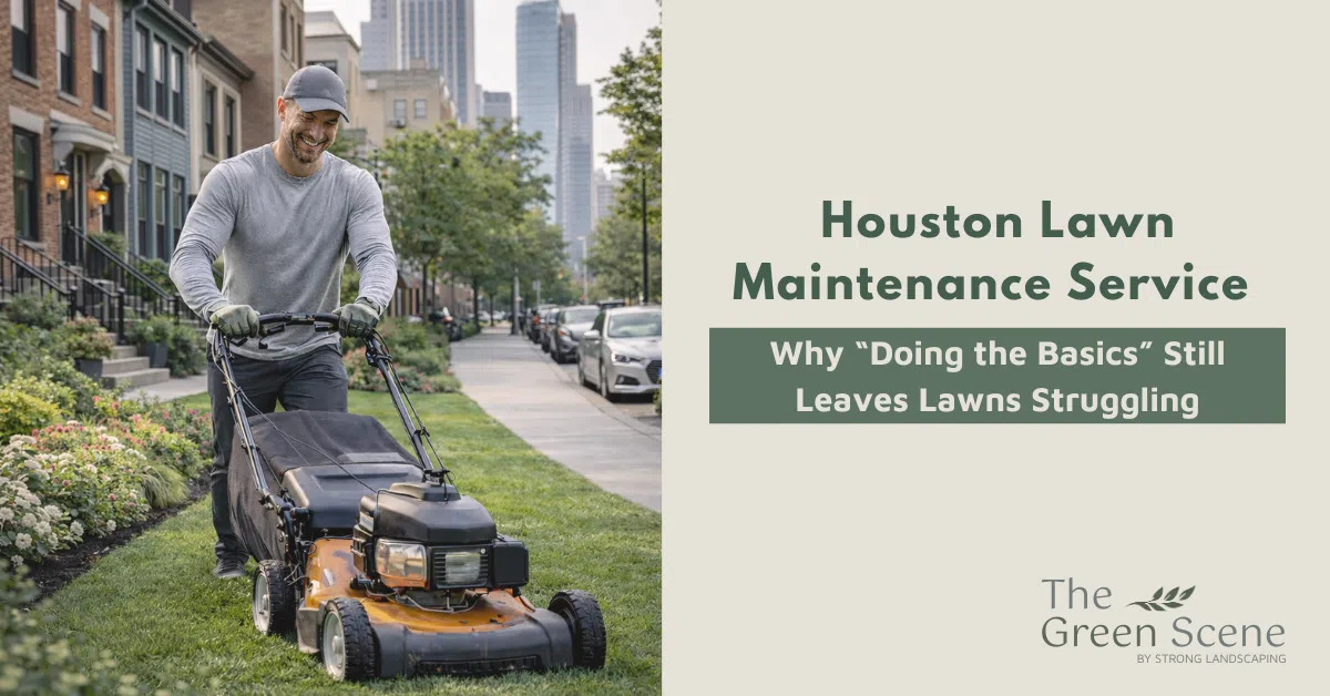 Lawn professional mowing a residential lawn in a Houston neighborhood, representing professional lawn maintenance services.