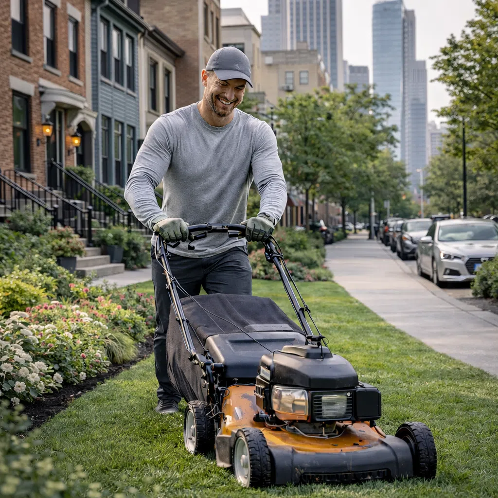 Graphic promoting lawn care and maintenance by Strong Landscaping, featuring lawn tools and greenery with text “Lawn Care & Maintenance” on a clean design.