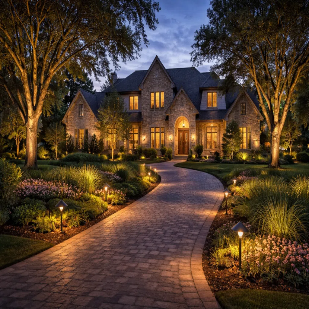 Graphic featuring outdoor lighting elements like pathway lights and string lights with greenery, promoting outdoor lighting services by Strong Landscaping.