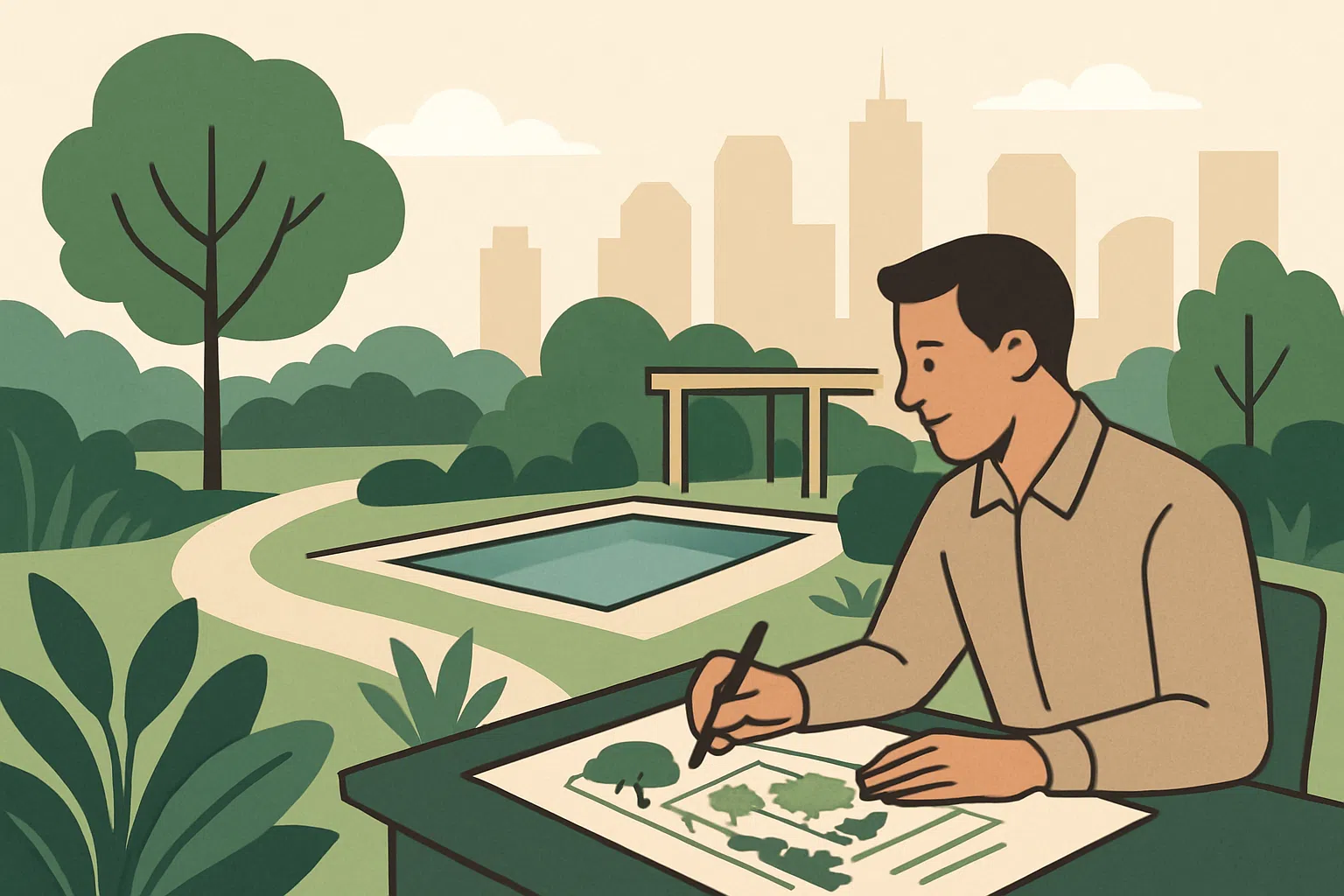 Illustration of a landscape designer sketching a custom outdoor plan with pool and greenery in a garden setting