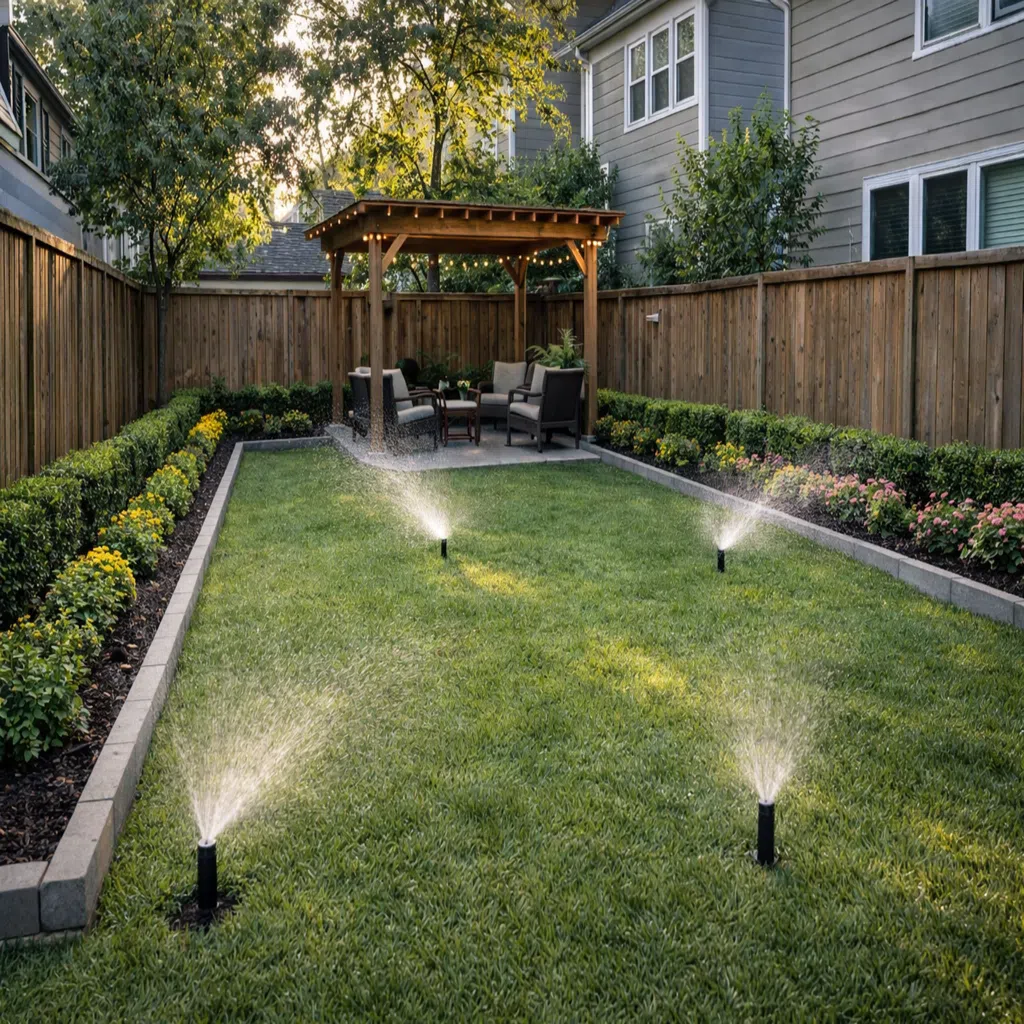 Graphic showing an irrigation system concept with sprinkler icons and greenery, promoting irrigation services by Strong Landscaping.
