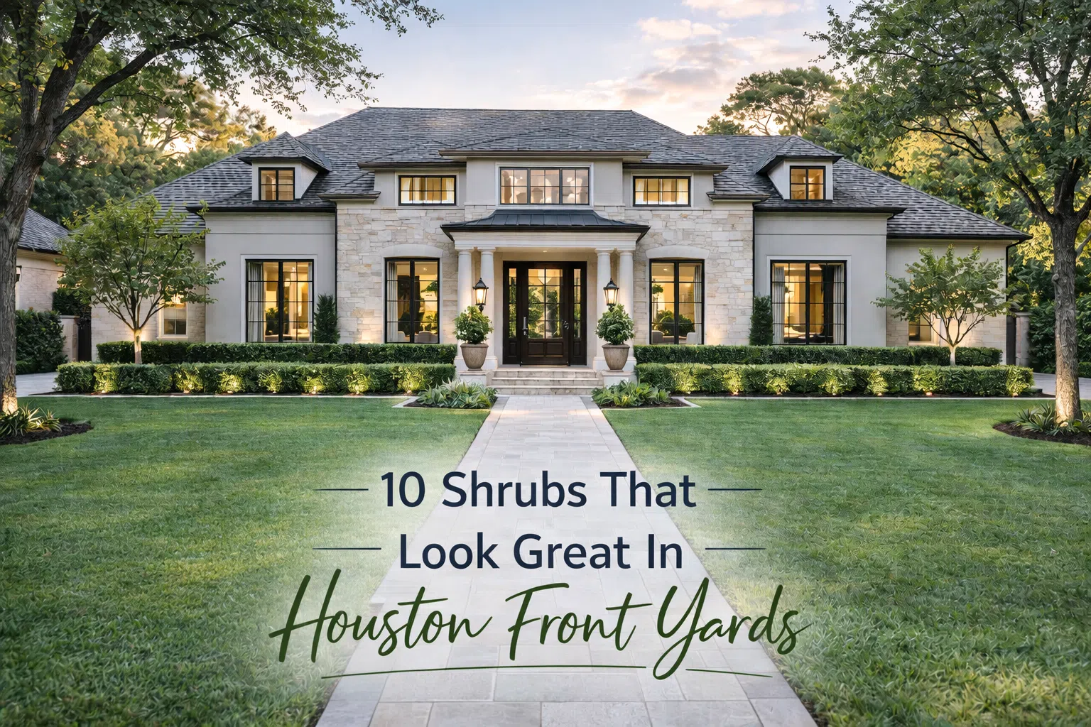 Elegant Houston home with manicured lawn, front walkway, and hedges lining the house, featuring title text “10 Shrubs That Look Great in Houston Front Yards.”