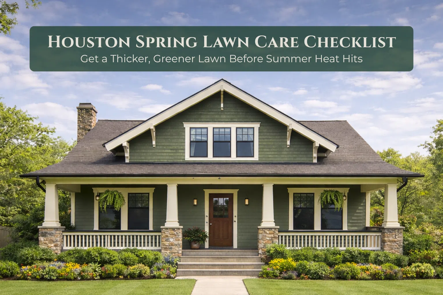 A well-maintained green lawn in front of a craftsman-style home with a banner reading “Houston Spring Lawn Care Checklist – Get a Thicker, Greener Lawn Before Summer Heat Hits.”