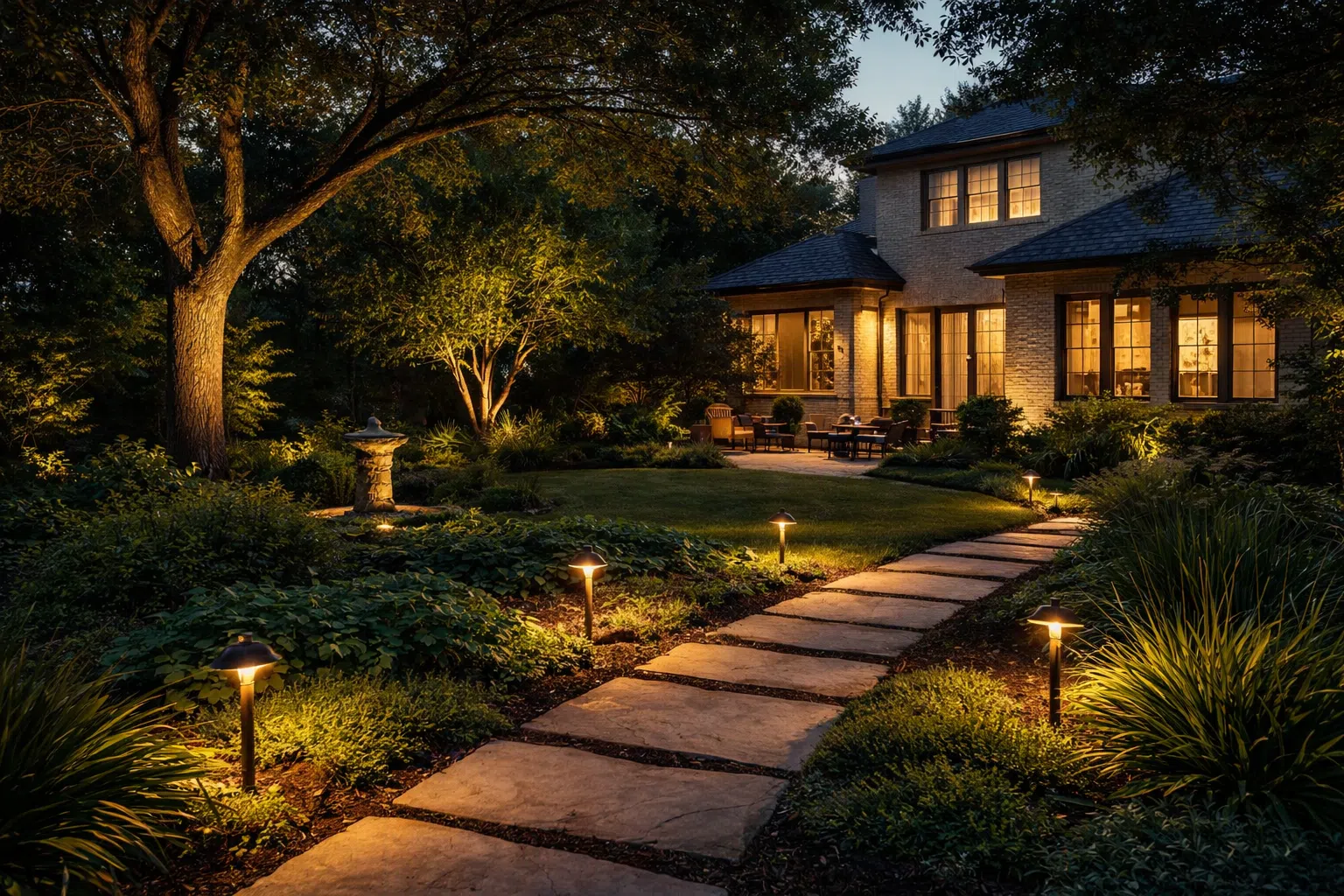 High-end outdoor lighting in a Houston backyard featuring warm architectural landscape lighting along a stone path and mature trees.