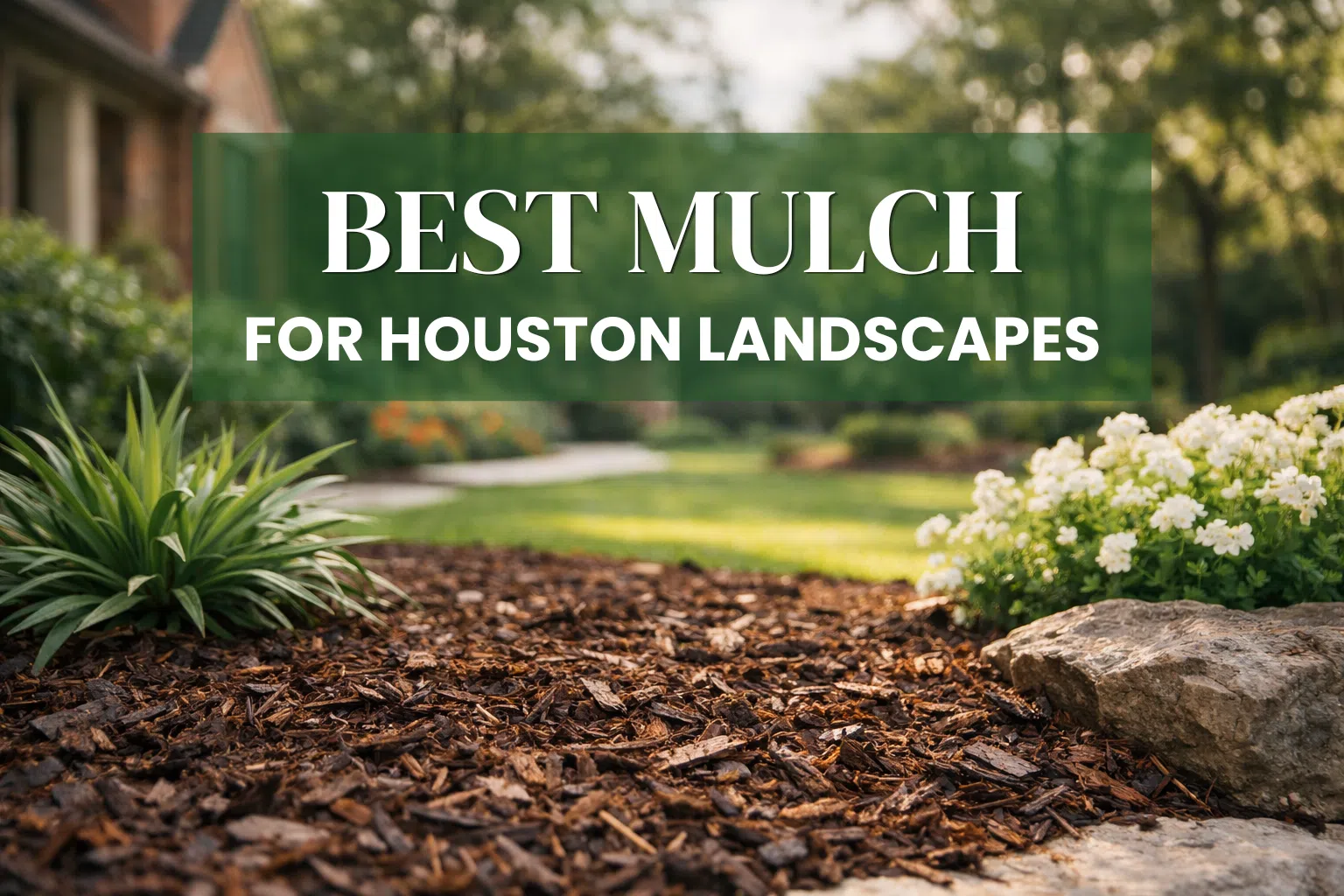 Best mulch for Houston landscapes showing hardwood mulch in a garden bed with flowers and greenery in a residential yard