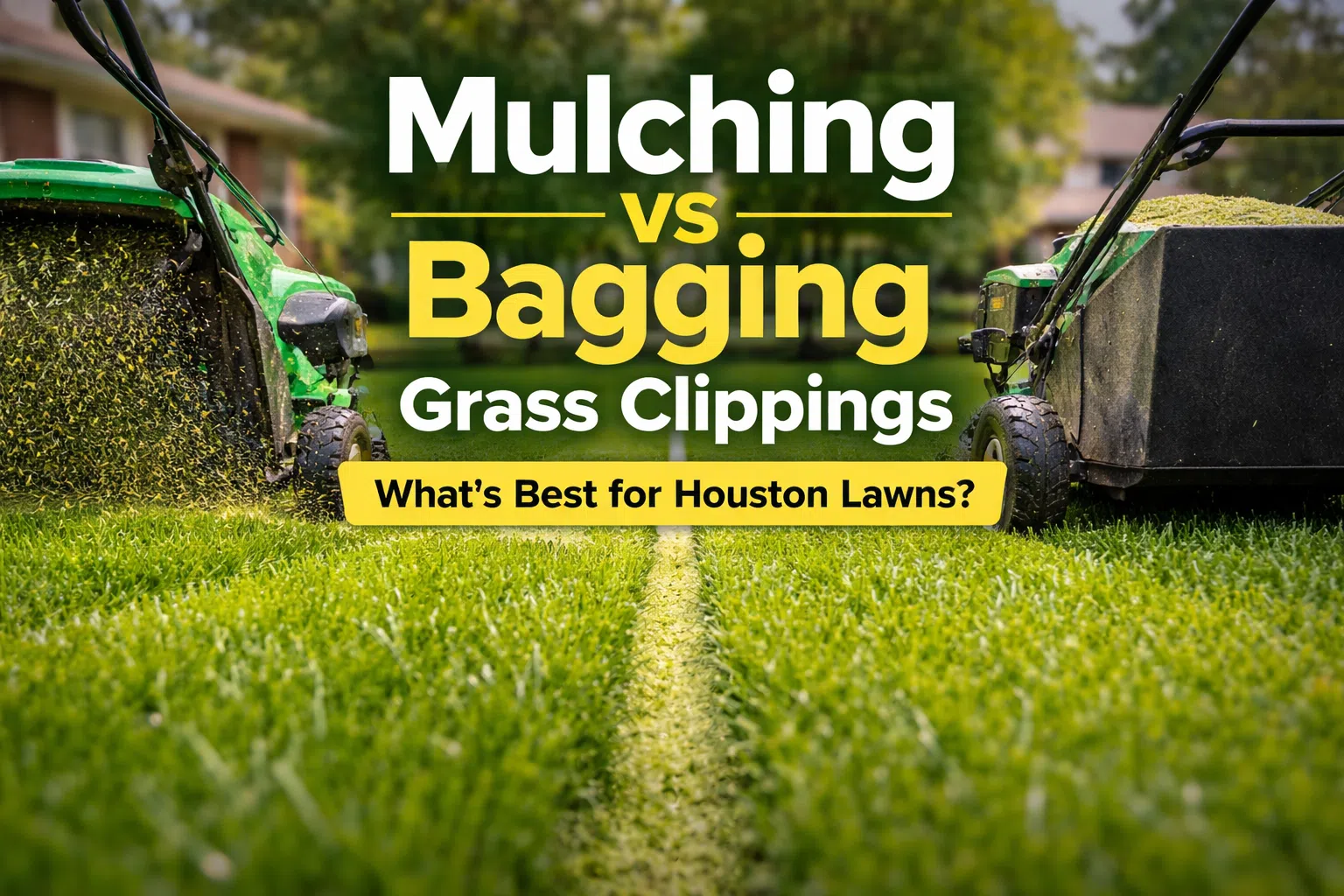 Lawn mower mulching grass on one side and bagging clippings on the other, showing the difference between mulching and bagging grass clippings for Houston lawns.